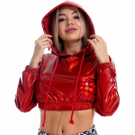 Women Sexy Metallic Jazz Dance Costumes Crop Top Hooded Shiny T-shirt Rave Party Clubwear Outfits Long Sleeve Hip Hop Clothing