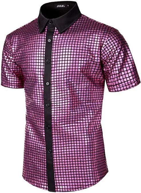 Summer Men's Disco Party Short Sleeve Shirt, Red Gold Blue Black Available, Fashion Casual Shirts
