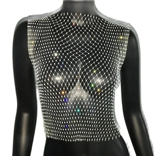 Women's Fishnet Rhinestone Crop Top 2024 Summer Sexy Mesh High Elastic Black White Shirt Net See Through Rave Diamond Tank Top