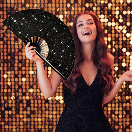 ABUI-Folding Glitter Rave Fan Withleg Strap Andfabric Case Bag Foredm,Festival,Club,Party,Dance Black