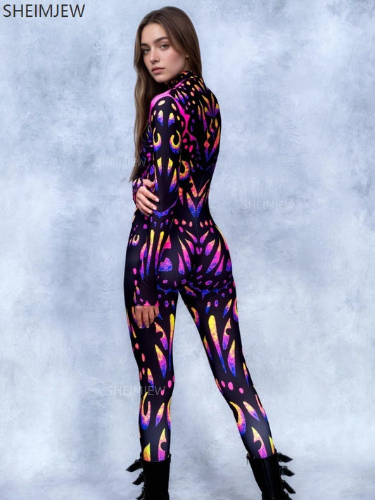 Halloween Adult Cosplay Bodysuit Colorful Butterfly 3d Printing Women's Solid Color Jumpsuit Rave Party Stage Performance Tight