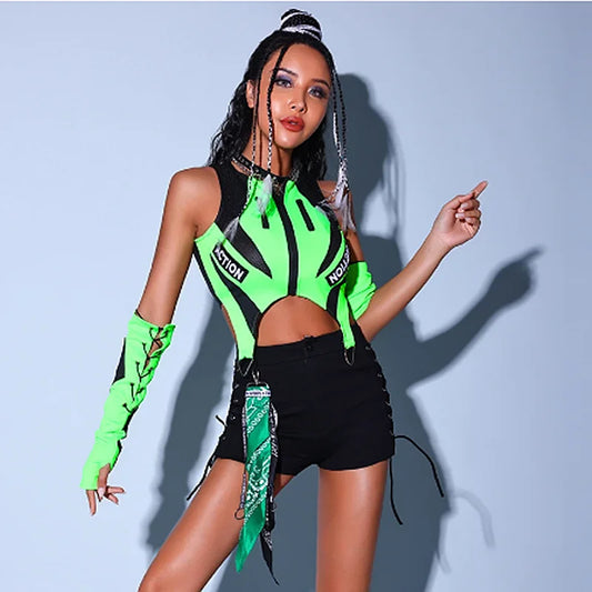 2023 New Fluorescent Green Tops Black Shorts Kpop Outfits For Girls Group Jazz Dance Costumes Pole Dance Rave Clothes