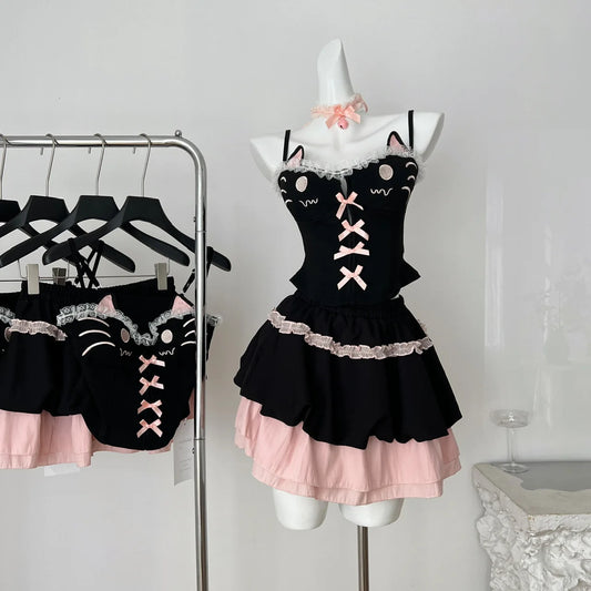 Summer Women Gyaru Coquette Kpop 2000s Aesthetic Shoujo JK Y2k Birthday Rave Cute Core Outfits 2 Piece Set Camisole + Mini Skirt