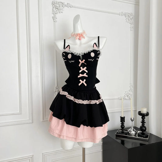 Summer Women Gyaru Coquette Kpop 2000s Aesthetic Shoujo JK Y2k Birthday Rave Cute Core Outfits 2 Piece Set Camisole + Mini Skirt