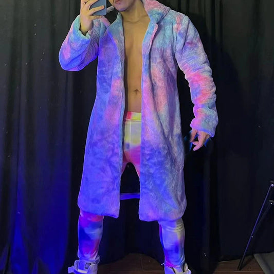 Tie-dye Fur Long Coat Leggings Men Festival Rave Outfit Male Gogo Costume Burning Man Nightclub Dj Ds Rave Clothing XS3148