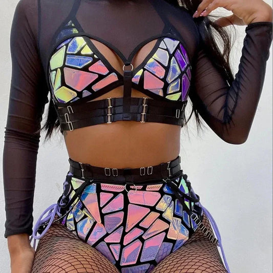 2 Style Sexy Purple Laser Mirrors Bikini/Bodysuit Mesh Socks Set Dancer Stage Singer Nightclub Bar Party Show Rave Suit