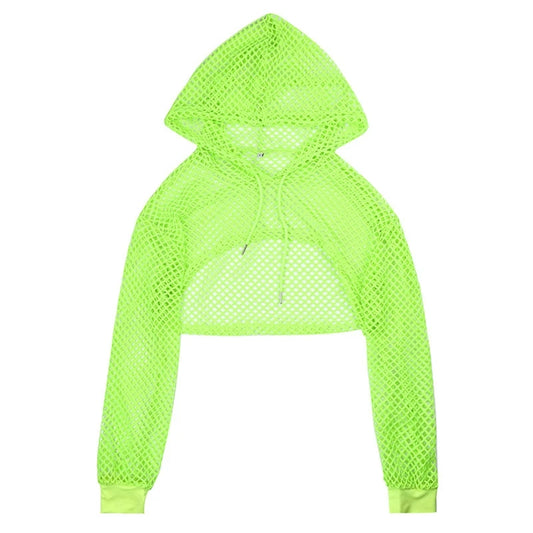 Women Long Sleeve Mesh Fishnet Hoodie Crop Top Neon Solid Color Hollow Out Drawstring Sweatshirt Pullover Cover Up Shrug