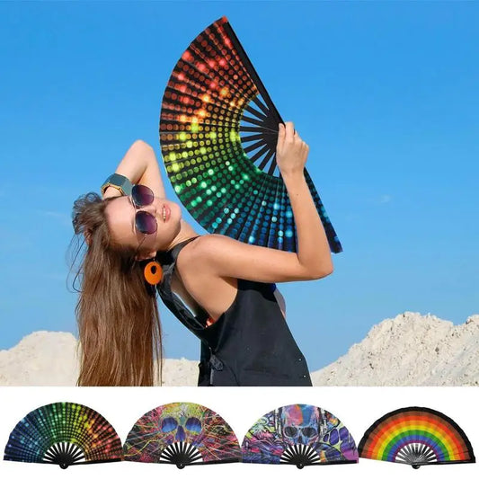 33cm Classics Folding Fan Hand Fans Rainbow Print Black Bamboo Bone Fan Cooling Handheld Fan Festival Performance Dance Fan Gift