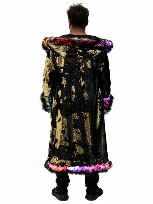 Men's Faux Fur Coat Winter  Thicken Fluffy Led Lights Rave performance Luxury Fur Plus Size Jackets Long Windbreaker Coat